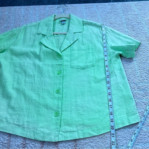 A New Day Linen Blend Lime Green Button Front Blouse Size Small Boxy Fit Cruise - Picture 8 of 11